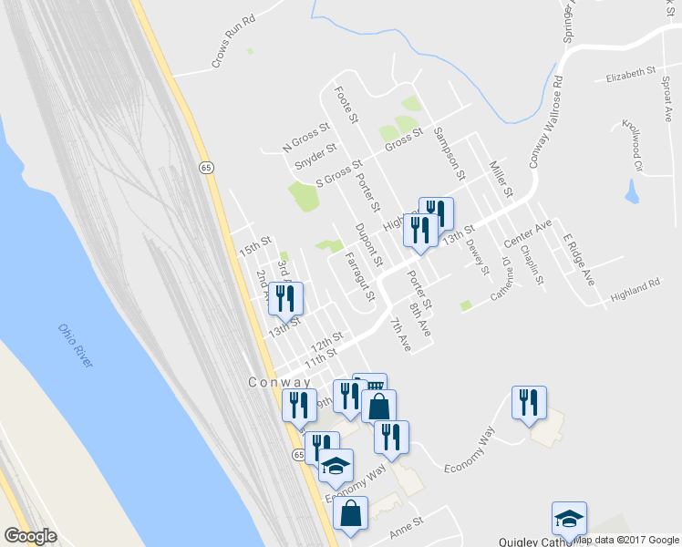 map of restaurants, bars, coffee shops, grocery stores, and more near 1321 Riverview Avenue in Conway
