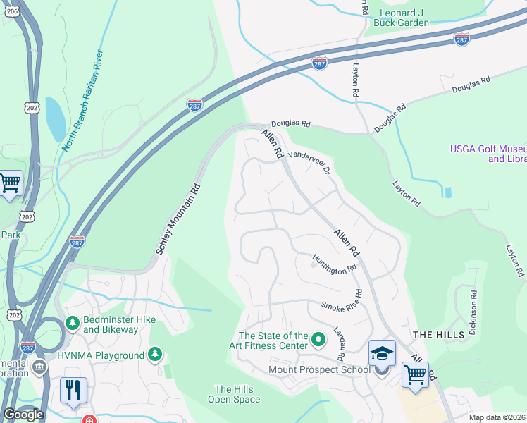 map of restaurants, bars, coffee shops, grocery stores, and more near 1 Cobble Lane in Basking Ridge