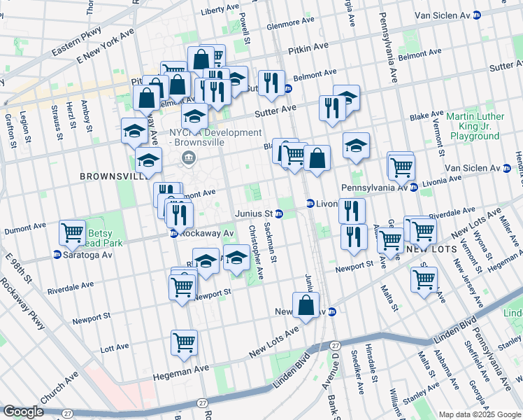 map of restaurants, bars, coffee shops, grocery stores, and more near 383 Livonia Avenue in Brooklyn