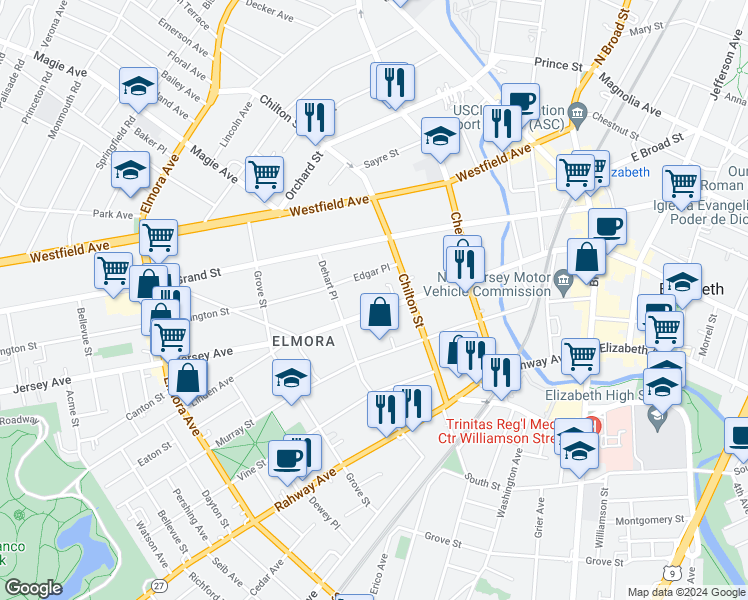 map of restaurants, bars, coffee shops, grocery stores, and more near 227 West Jersey Street in Elizabeth