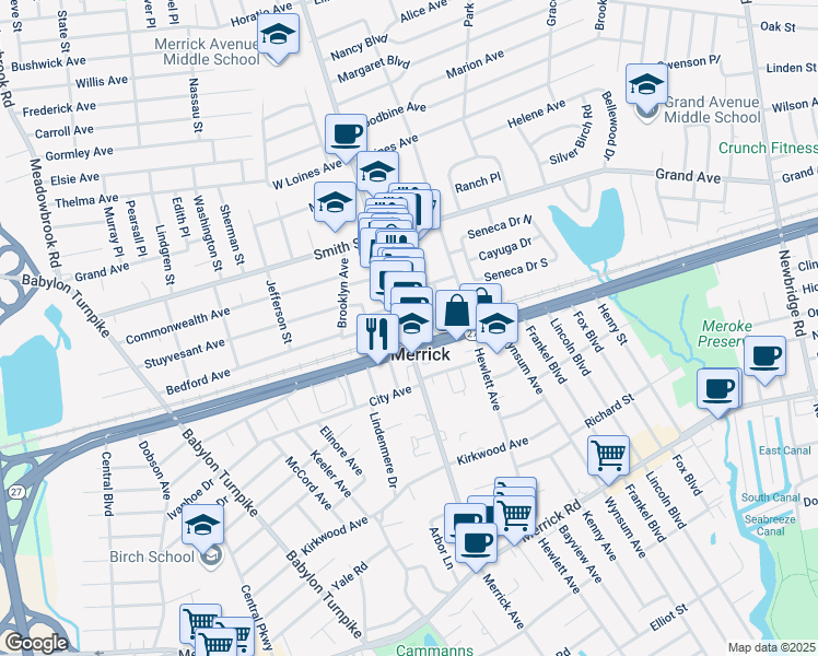 map of restaurants, bars, coffee shops, grocery stores, and more near 2 Merrick Avenue in Merrick