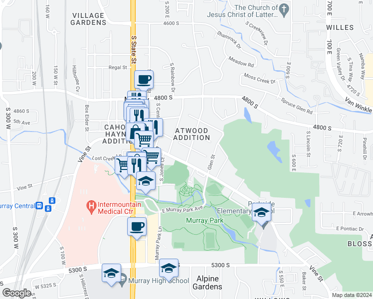 map of restaurants, bars, coffee shops, grocery stores, and more near 4974 Atwood Boulevard in Murray