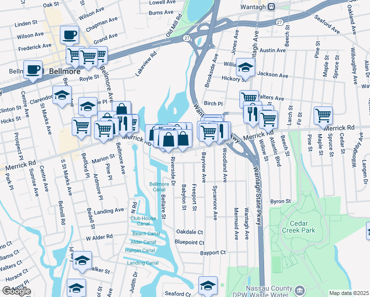 map of restaurants, bars, coffee shops, grocery stores, and more near 2974 Merrick Road in Wantagh