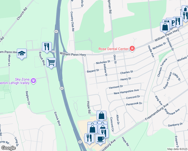 map of restaurants, bars, coffee shops, grocery stores, and more near 4905 Charles Street in Easton