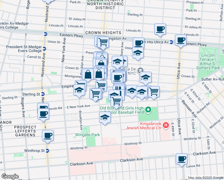 map of restaurants, bars, coffee shops, grocery stores, and more near 646 Empire Boulevard in Brooklyn