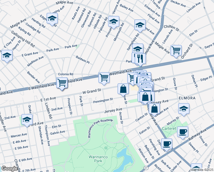 map of restaurants, bars, coffee shops, grocery stores, and more near 865 West Grand Street in Elizabeth