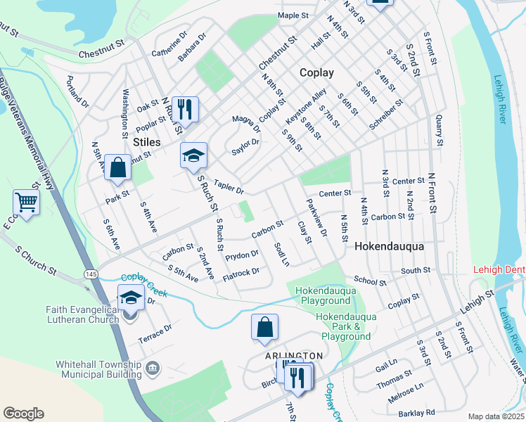 map of restaurants, bars, coffee shops, grocery stores, and more near 3224 Grandview Circle in Hokendauqua