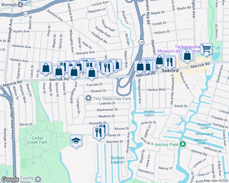 map of restaurants, bars, coffee shops, grocery stores, and more near 3655 Tonopah Street in Seaford