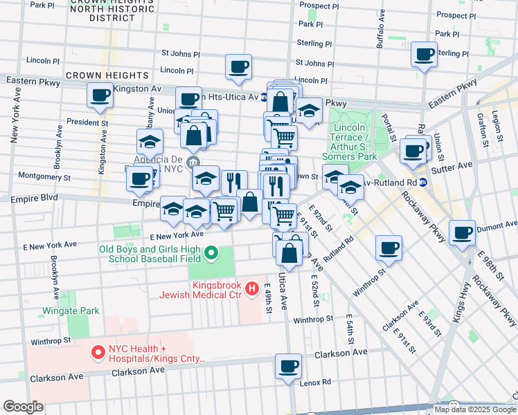map of restaurants, bars, coffee shops, grocery stores, and more near 842 Lefferts Avenue in Brooklyn