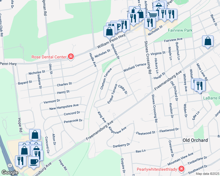 map of restaurants, bars, coffee shops, grocery stores, and more near 4320 Winfield Terrace in Easton
