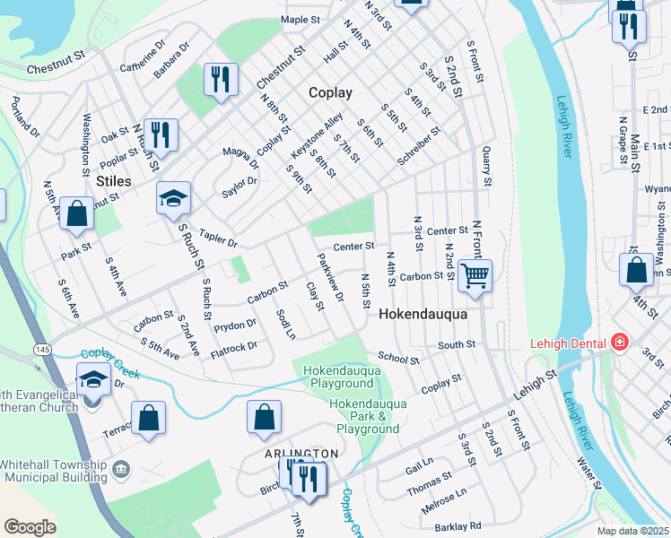 map of restaurants, bars, coffee shops, grocery stores, and more near 3518 Carbon Street in Hokendauqua