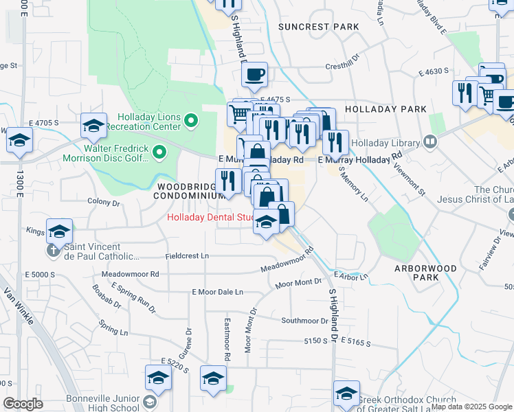 map of restaurants, bars, coffee shops, grocery stores, and more near 4838 Highland Drive in Holladay