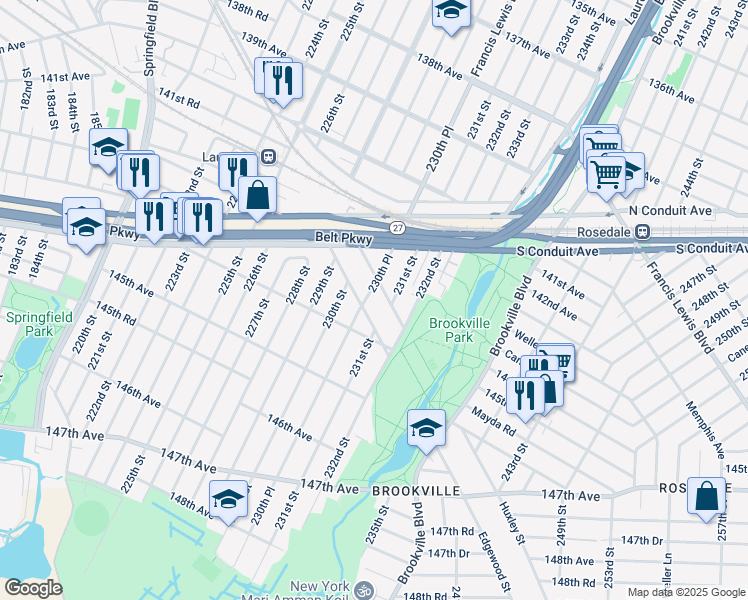 map of restaurants, bars, coffee shops, grocery stores, and more near 230-22 Edgewood Avenue in Queens