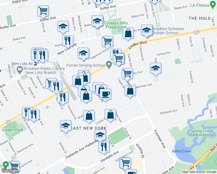 map of restaurants, bars, coffee shops, grocery stores, and more near 1000 Stanley Avenue in Brooklyn