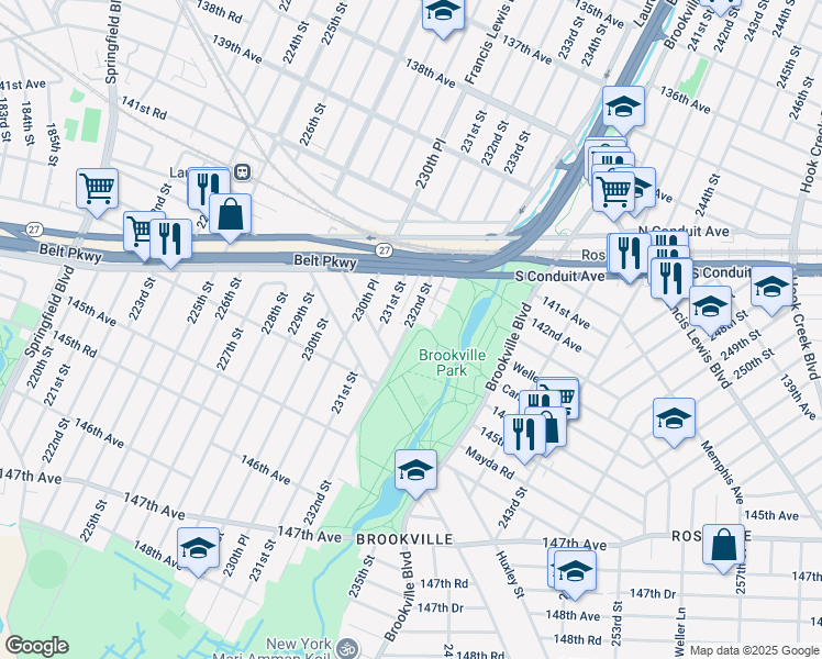 map of restaurants, bars, coffee shops, grocery stores, and more near 143-39 232nd Street in Queens