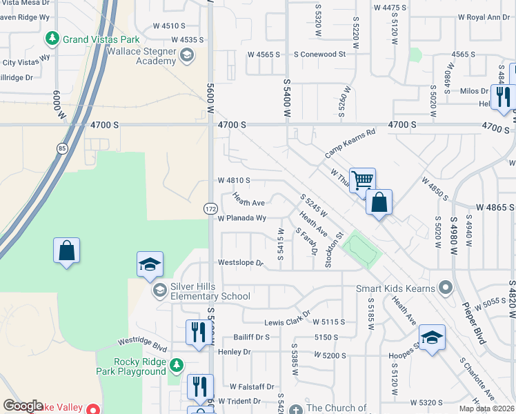 map of restaurants, bars, coffee shops, grocery stores, and more near 5481 West Heath Circle in Kearns