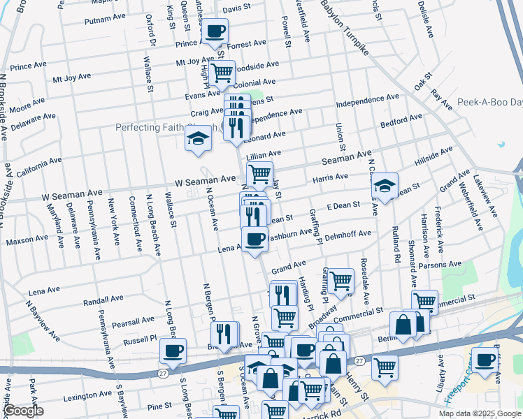 map of restaurants, bars, coffee shops, grocery stores, and more near 12 East Milton Street in Freeport