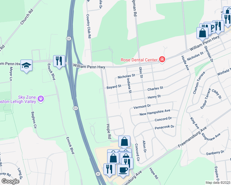 map of restaurants, bars, coffee shops, grocery stores, and more near 4905 Charles Street in Easton