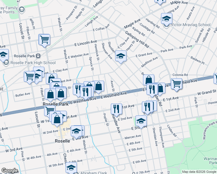 map of restaurants, bars, coffee shops, grocery stores, and more near 119 Berwyn Street in Roselle Park