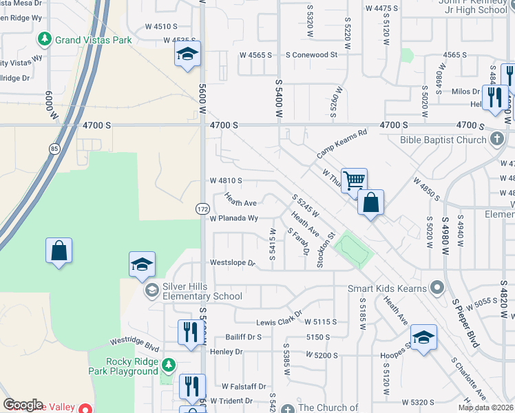 map of restaurants, bars, coffee shops, grocery stores, and more near 5470 West Planada Way in Kearns