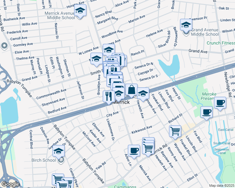map of restaurants, bars, coffee shops, grocery stores, and more near 2 Merrick Avenue in Merrick