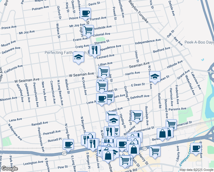 map of restaurants, bars, coffee shops, grocery stores, and more near 12 East Milton Street in Freeport
