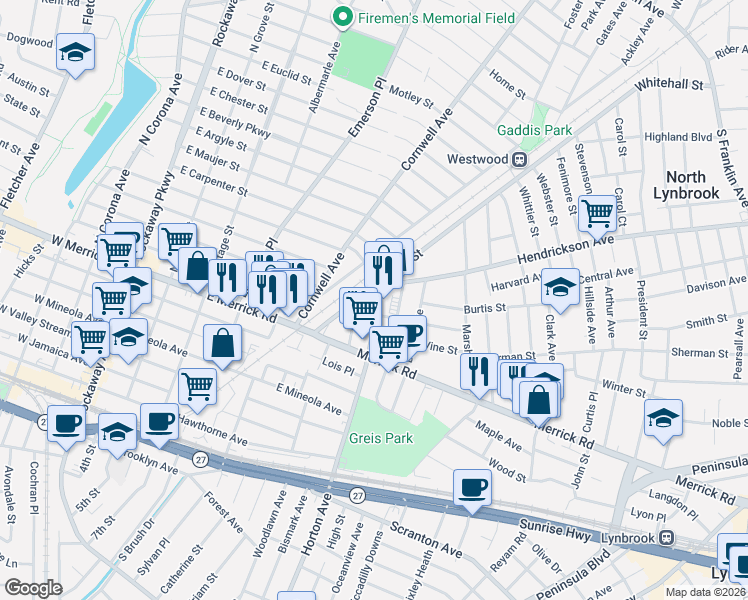 map of restaurants, bars, coffee shops, grocery stores, and more near 179 Horton Avenue in Lynbrook