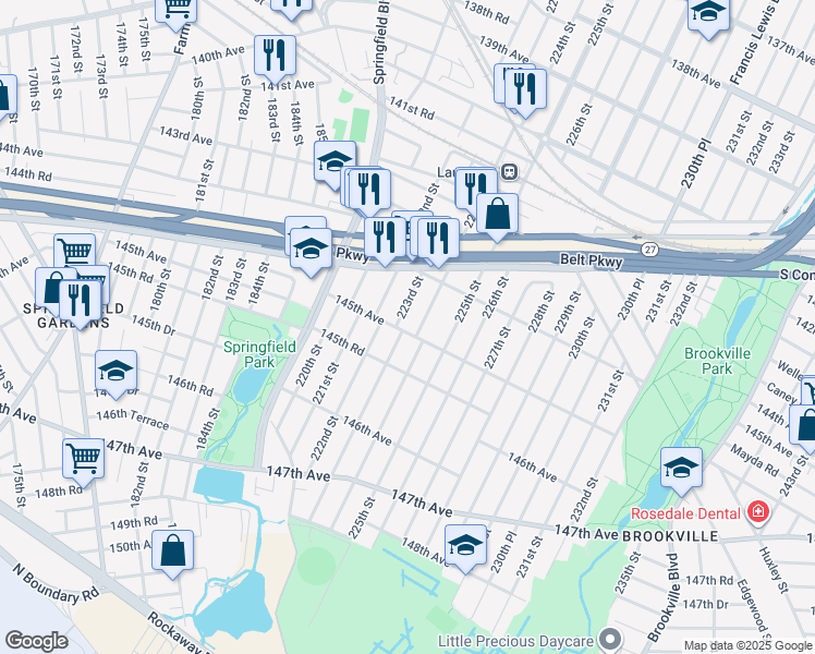 map of restaurants, bars, coffee shops, grocery stores, and more near 224-01 145th Avenue in Queens
