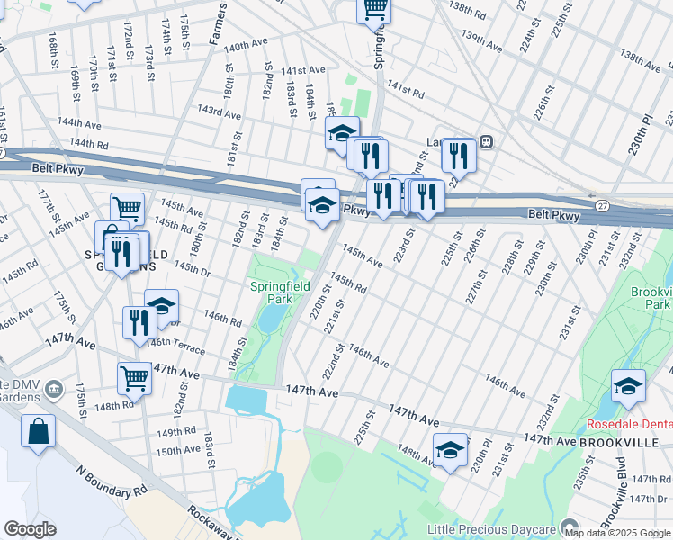 map of restaurants, bars, coffee shops, grocery stores, and more near 220-15 145th Road in Queens