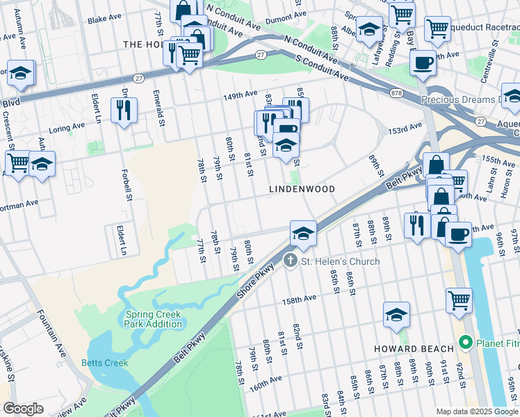 map of restaurants, bars, coffee shops, grocery stores, and more near 15532 81st Street in Queens