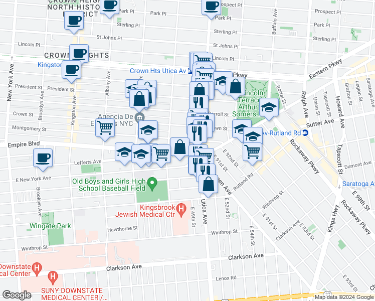 map of restaurants, bars, coffee shops, grocery stores, and more near 421 Utica Avenue in Brooklyn