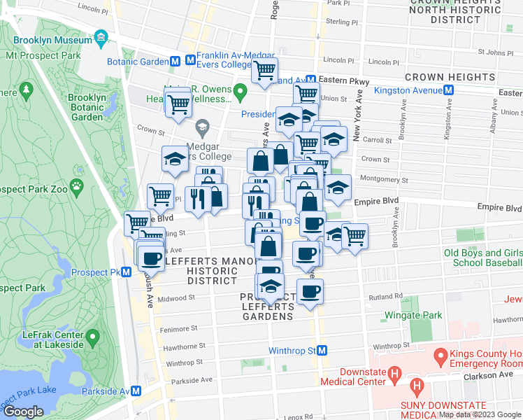 map of restaurants, bars, coffee shops, grocery stores, and more near Rogers Ave & Empire Blvd in Brooklyn