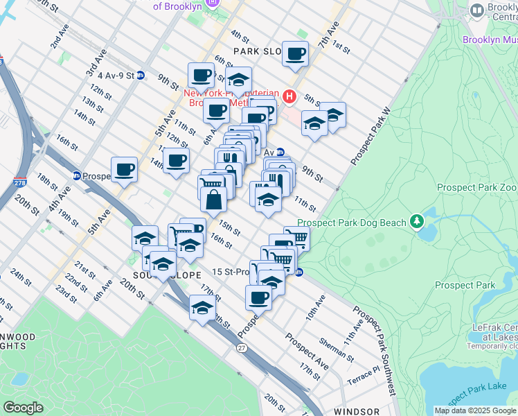 map of restaurants, bars, coffee shops, grocery stores, and more near 445 13th Street in Brooklyn