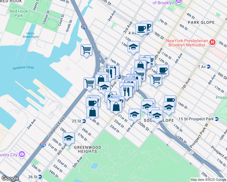 map of restaurants, bars, coffee shops, grocery stores, and more near 189 19th Street in Brooklyn