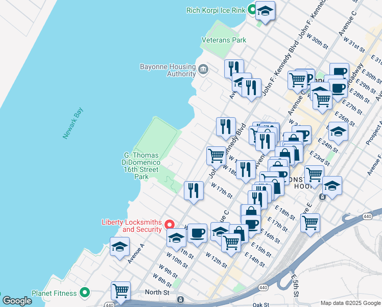 map of restaurants, bars, coffee shops, grocery stores, and more near 166 West 17th Street in Bayonne