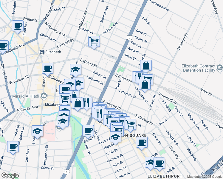 map of restaurants, bars, coffee shops, grocery stores, and more near 138 Reid Street in Elizabeth