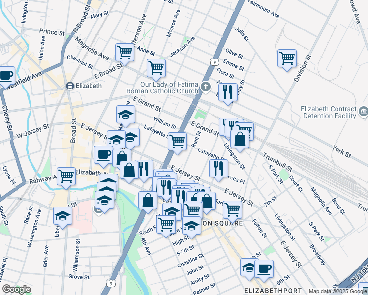 map of restaurants, bars, coffee shops, grocery stores, and more near 138 Reid Street in Elizabeth