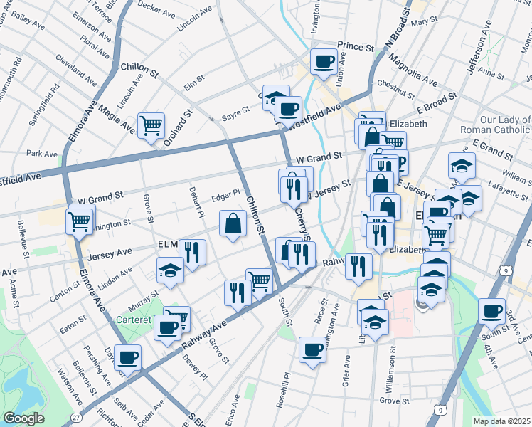 map of restaurants, bars, coffee shops, grocery stores, and more near 120 West Jersey Street in Elizabeth