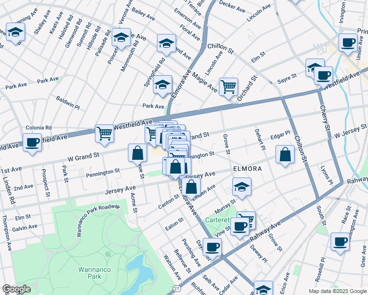 map of restaurants, bars, coffee shops, grocery stores, and more near 185 Elmora Avenue in Elizabeth