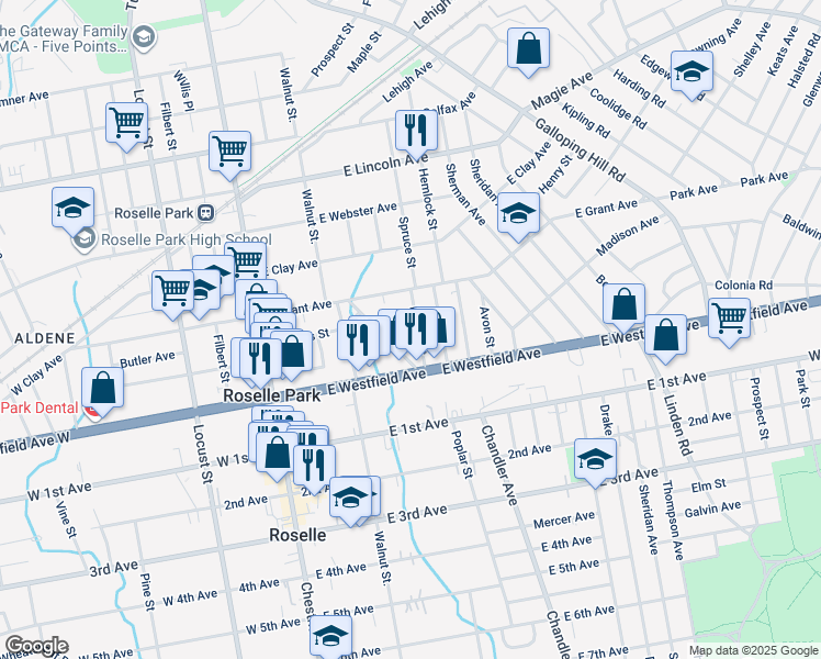 map of restaurants, bars, coffee shops, grocery stores, and more near 131 Union Road in Roselle Park