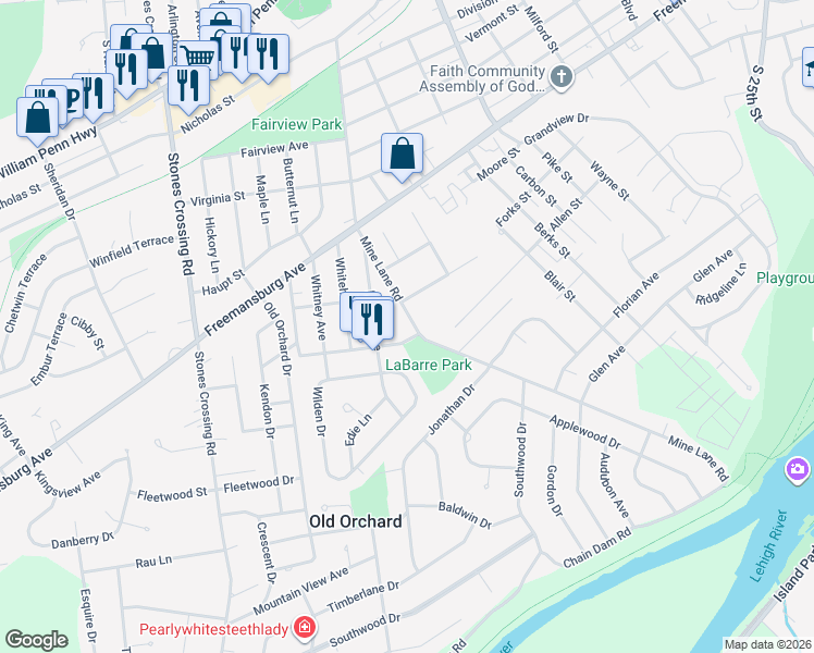 map of restaurants, bars, coffee shops, grocery stores, and more near 1247 Mine Lane Road in Easton