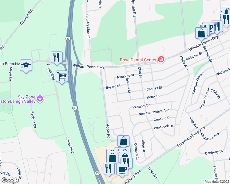 map of restaurants, bars, coffee shops, grocery stores, and more near 4905 Charles Street in Easton