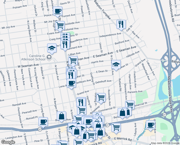map of restaurants, bars, coffee shops, grocery stores, and more near 71 East Dean Street in Freeport