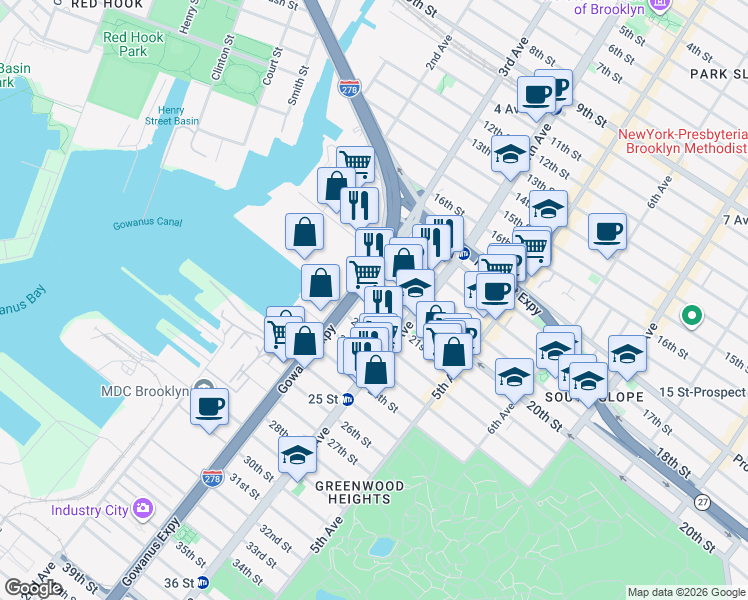 map of restaurants, bars, coffee shops, grocery stores, and more near 147 21st Street in Brooklyn