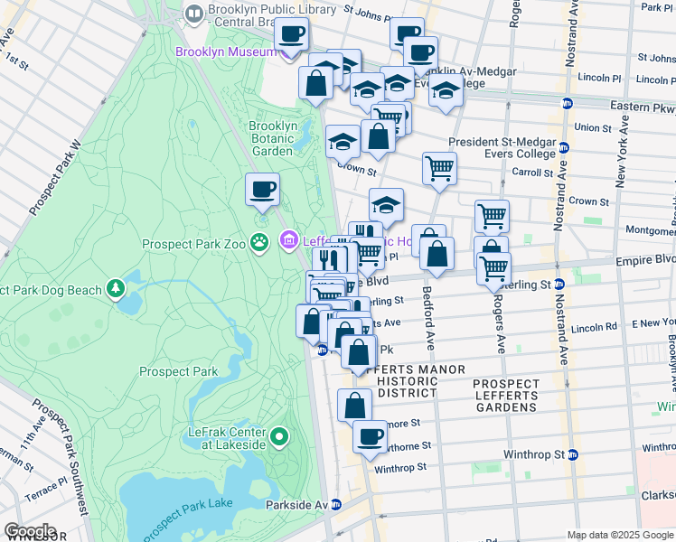 map of restaurants, bars, coffee shops, grocery stores, and more near 35 Empire Boulevard in Brooklyn