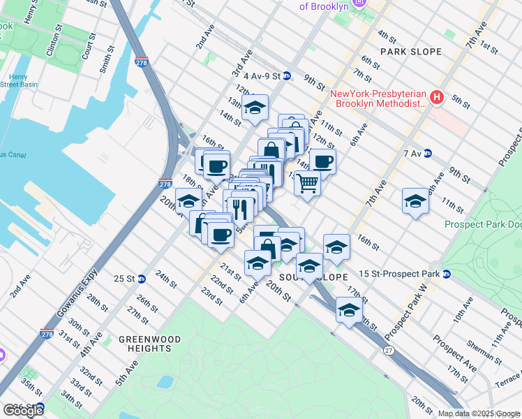 map of restaurants, bars, coffee shops, grocery stores, and more near 613 5th Avenue in Brooklyn