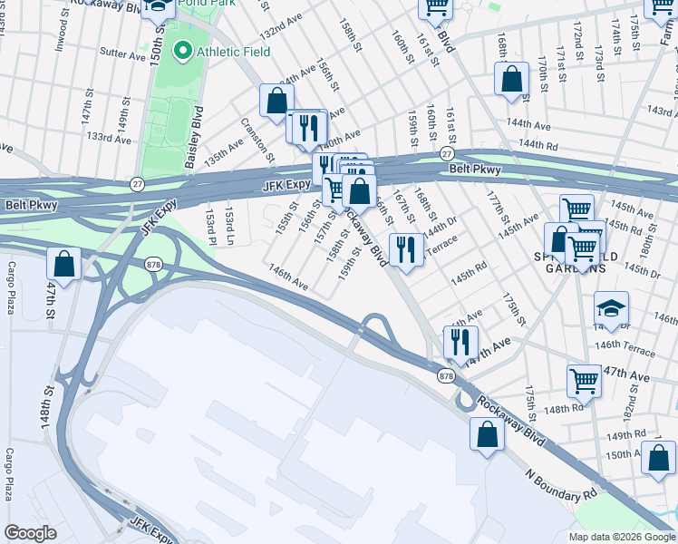 map of restaurants, bars, coffee shops, grocery stores, and more near 145-51 158th Street in Queens