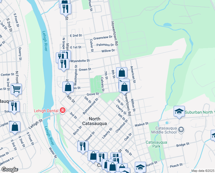 map of restaurants, bars, coffee shops, grocery stores, and more near 629 Penn Street in Catasauqua