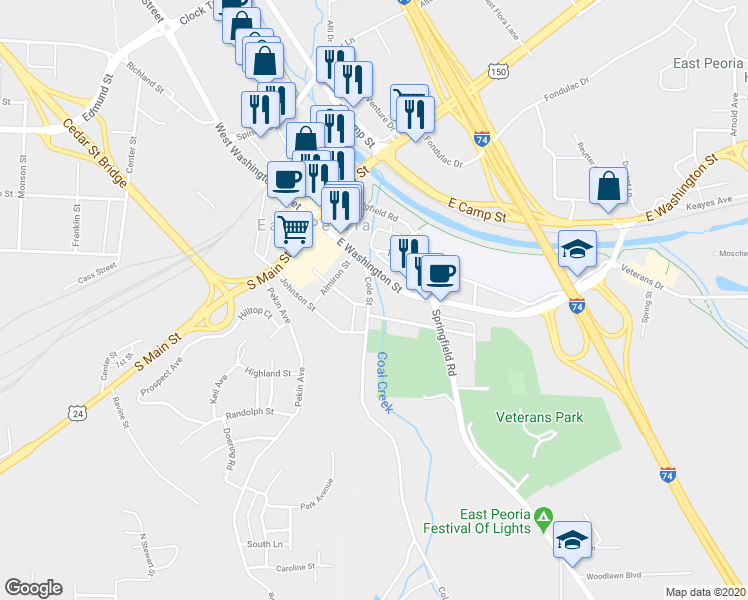 map of restaurants, bars, coffee shops, grocery stores, and more near 135 Cole Street in East Peoria