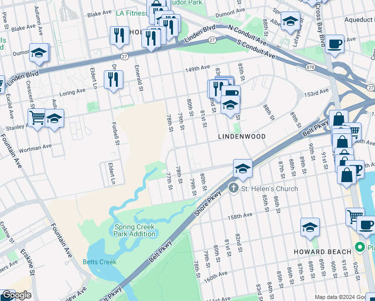 map of restaurants, bars, coffee shops, grocery stores, and more near 155-17 79th Street in Queens